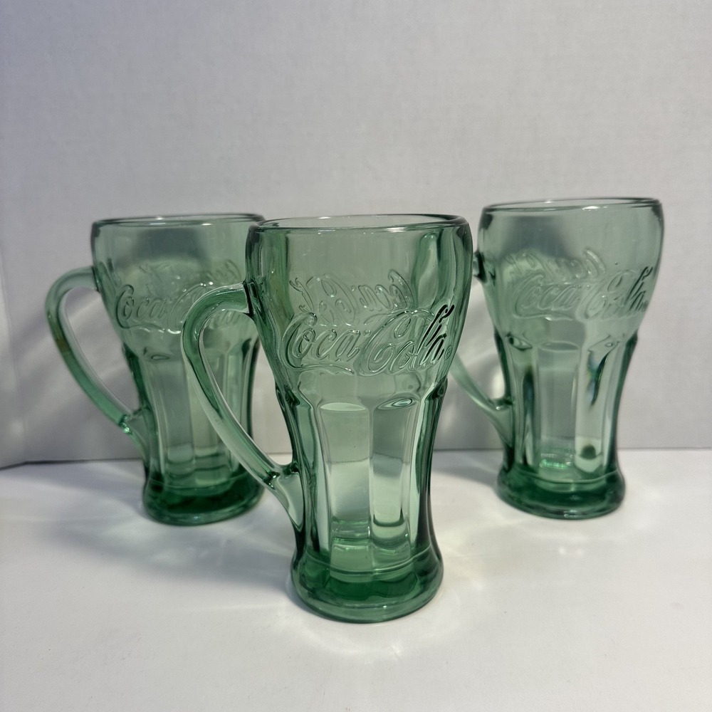 VTG Coca-Cola Green Glass Mugs Set of 3 HEAVY Handled Coke Glasses